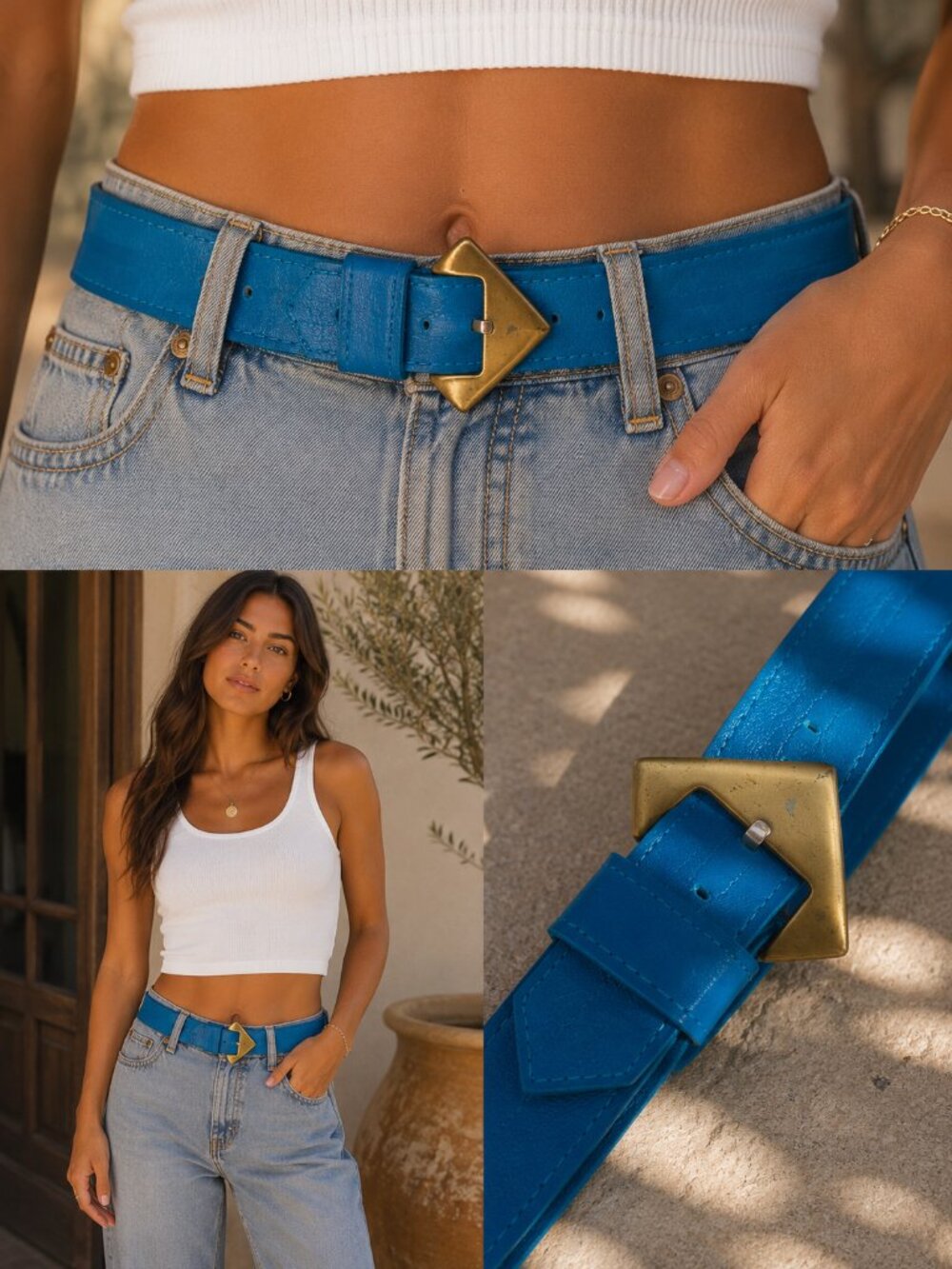 Vintage 80's Teal Leather Statement Buckle Gold Belt M/L